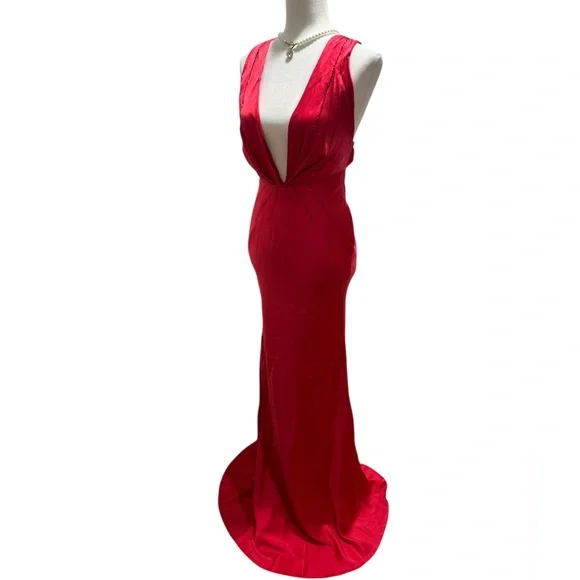Vintage Y2K Multi By Bree Cherry Red Long Silk Plunge Formal Evening Gown  Dress